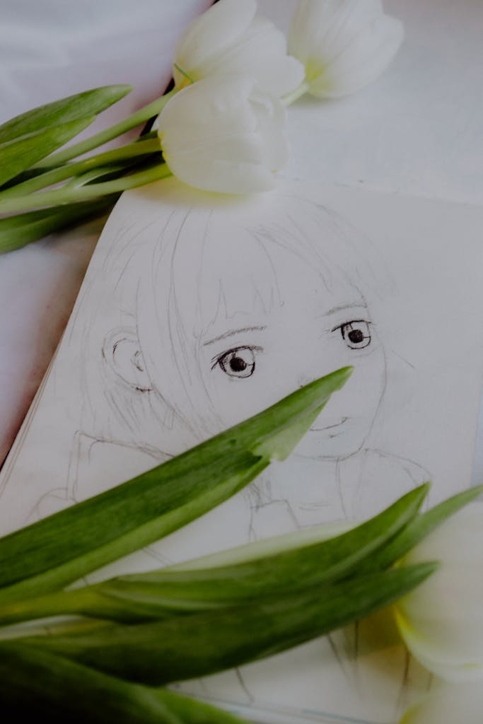 An anime girl sketch surrounded by fresh white tulips creating a serene and creative atmosphere.